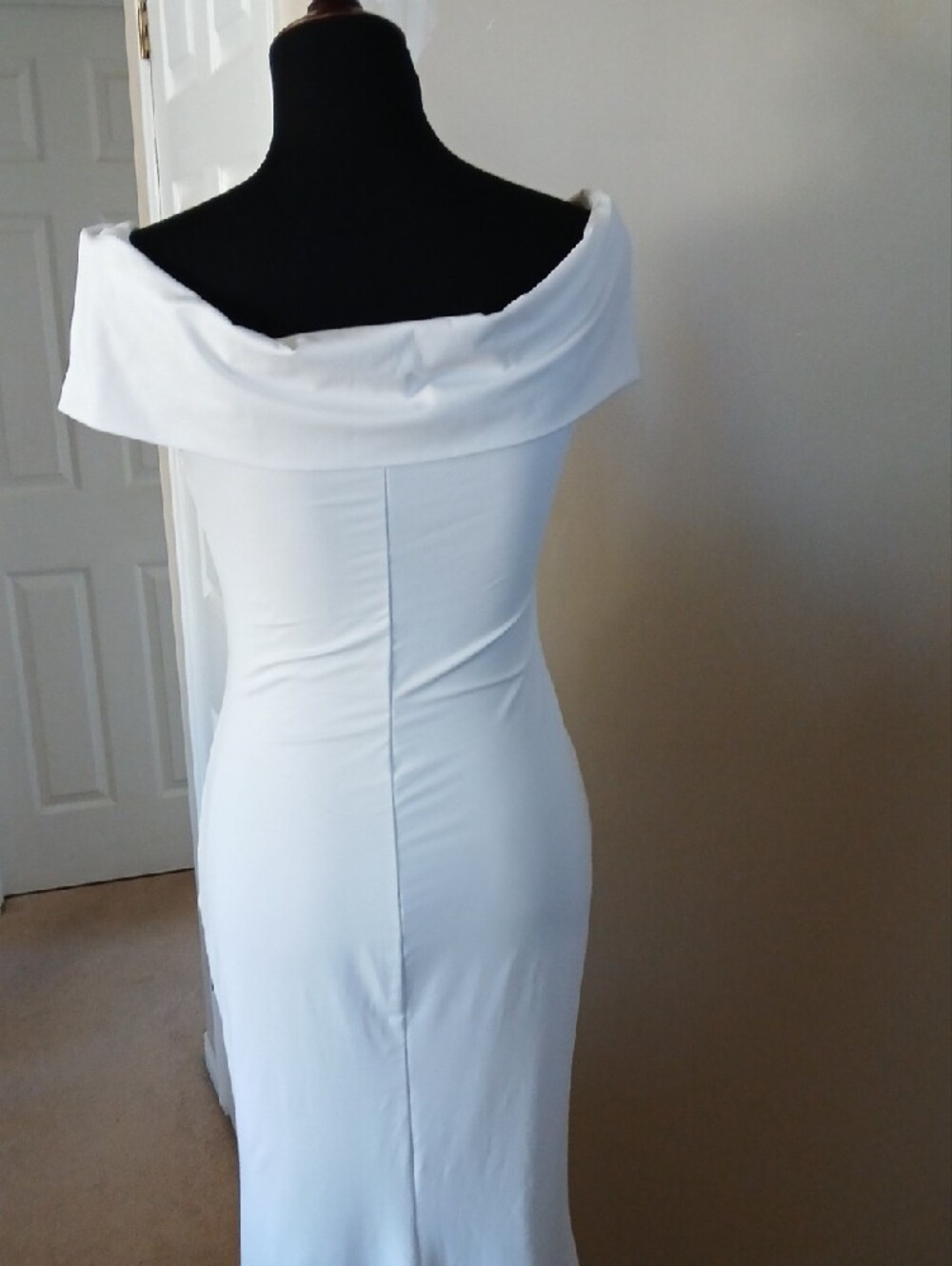 Off-Shoulder White Ruched Maxi Dress - Picture 10 of 13